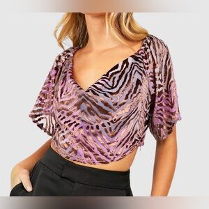 BooHoo Devore Gold & Purple Zebra Flowy Cowl Drape Top Size 8. NWT.